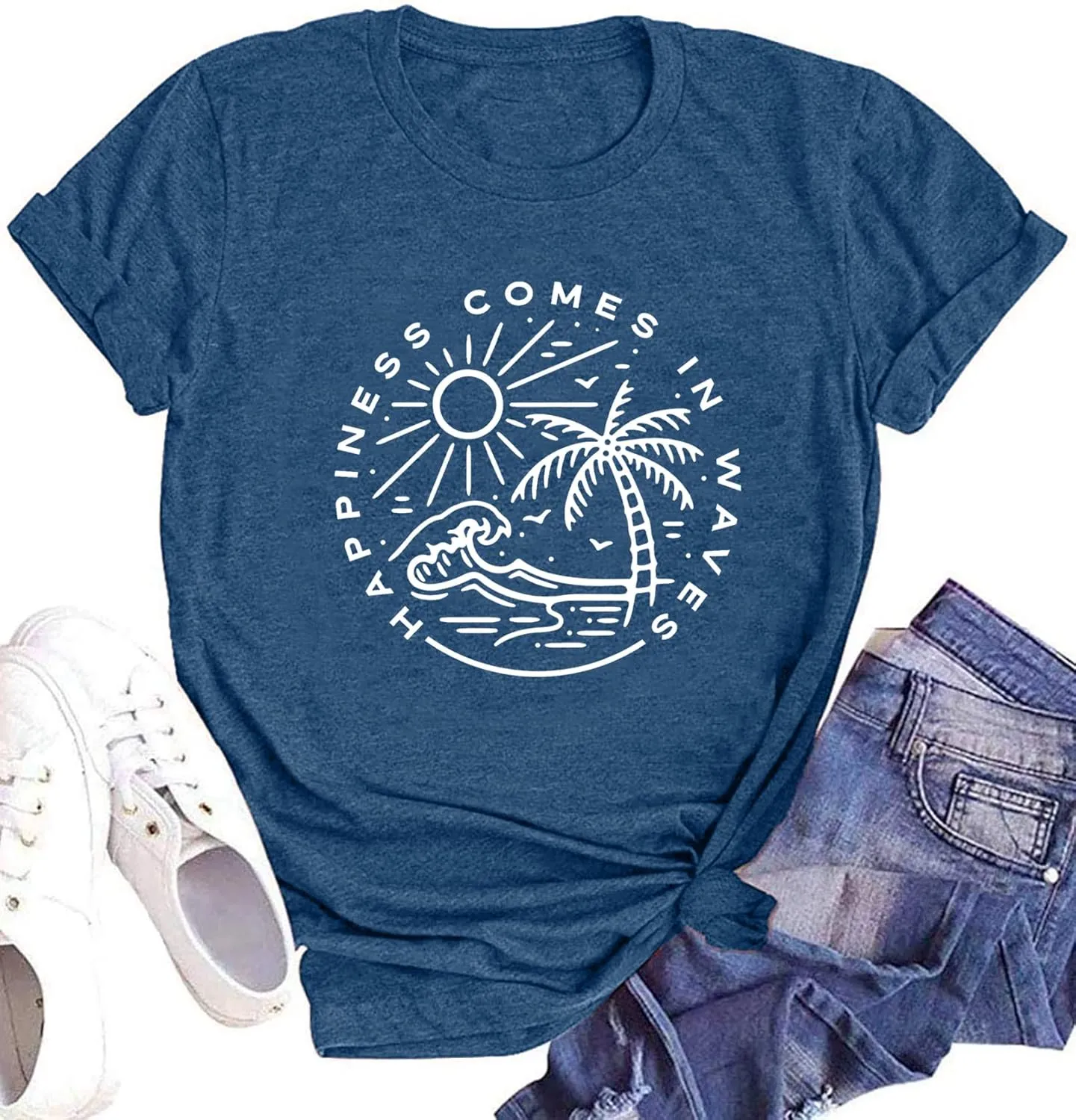 Summer T Shirt for Women Wave Coconut Tree Graphic Short Sleeve Casual Vacation Trip Tee Top
