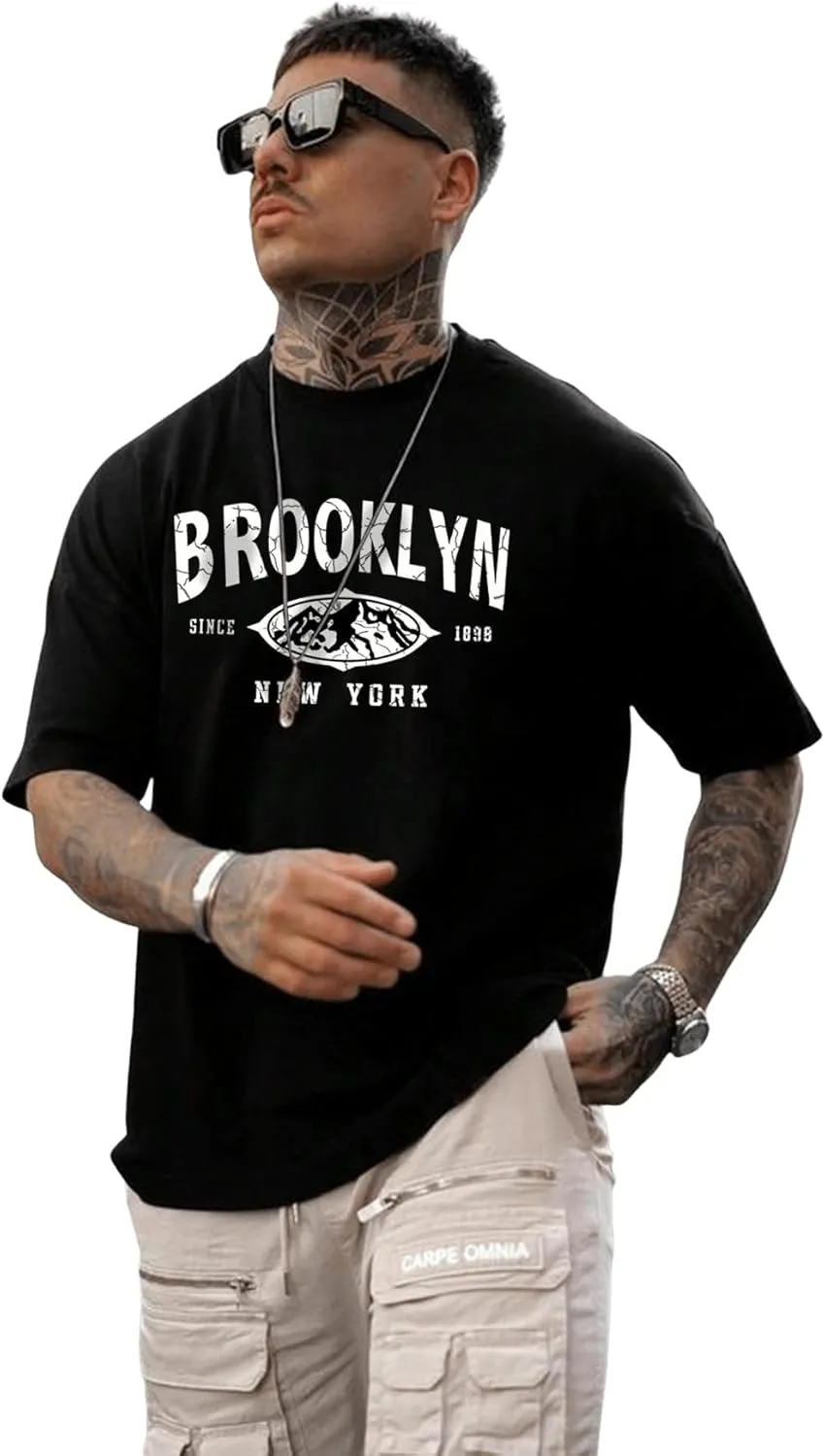 SweatyRocks Men's Letter Graphic Tee Short Sleeve Round Neck Drop Shoulder Top T-Shirt