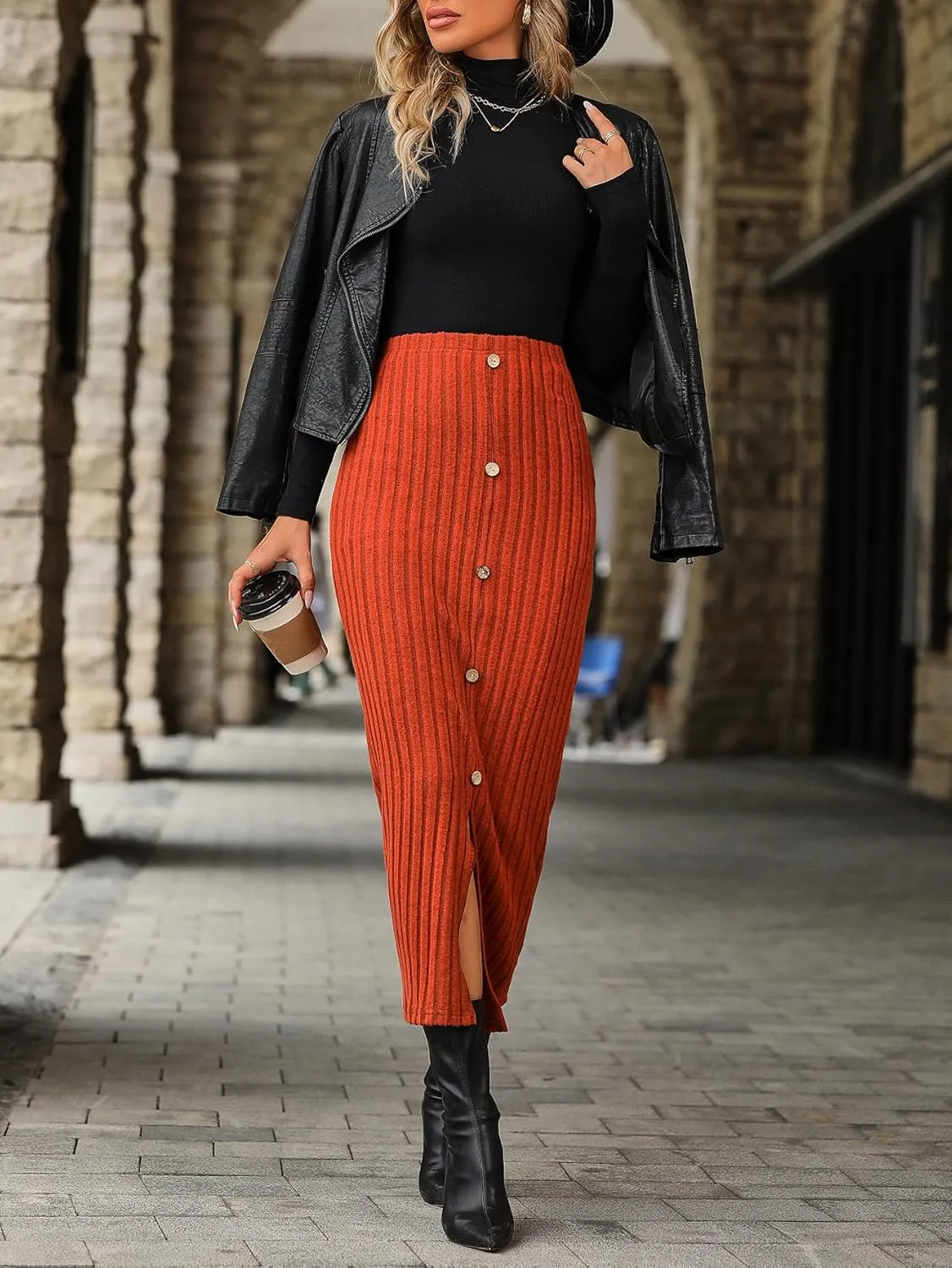 SweatyRocks Women's Button Front Split Thigh Skirt Casual Ribbed Knit Pencil Long Skirt