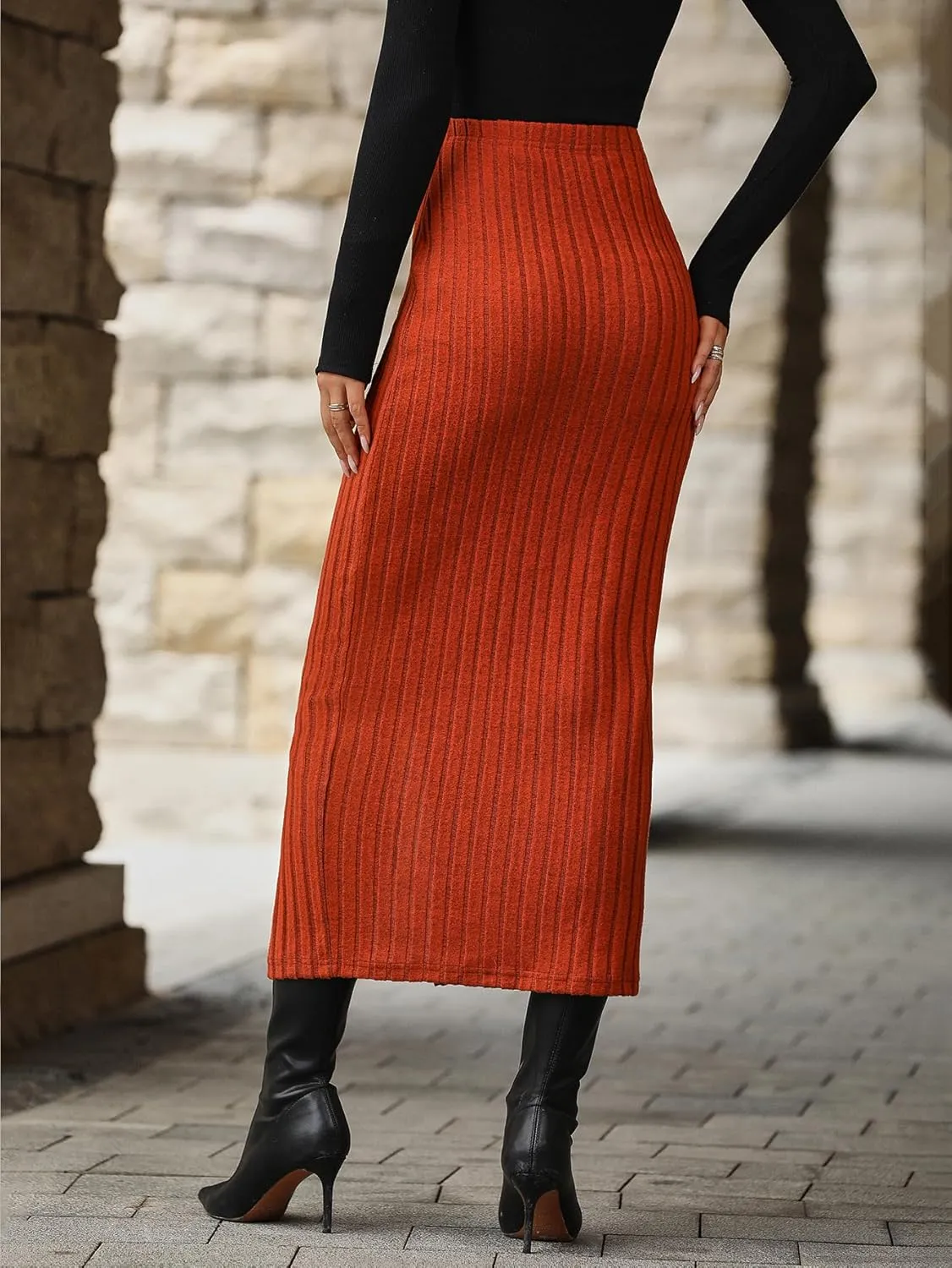 SweatyRocks Women's Button Front Split Thigh Skirt Casual Ribbed Knit Pencil Long Skirt