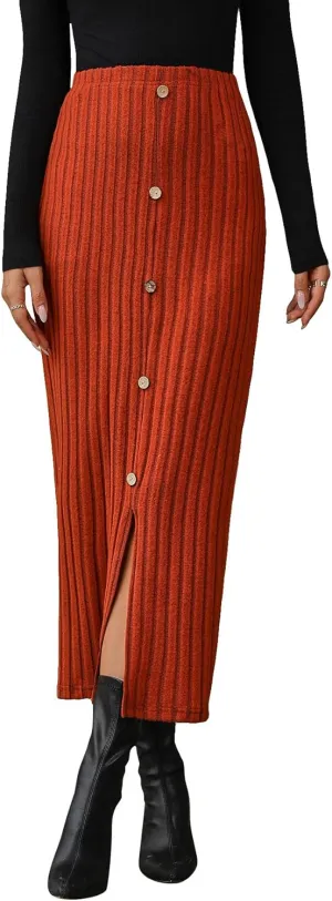 SweatyRocks Women's Button Front Split Thigh Skirt Casual Ribbed Knit Pencil Long Skirt
