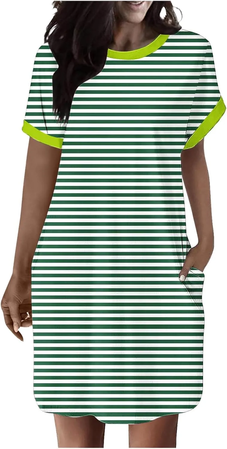 TANGNADE Womens Striped Summer Dresses Crewneck Cap Short Sleeve Midi Dress Casual A Line Tshirt Dress with Pockets