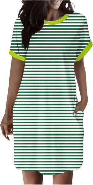 TANGNADE Womens Striped Summer Dresses Crewneck Cap Short Sleeve Midi Dress Casual A Line Tshirt Dress with Pockets