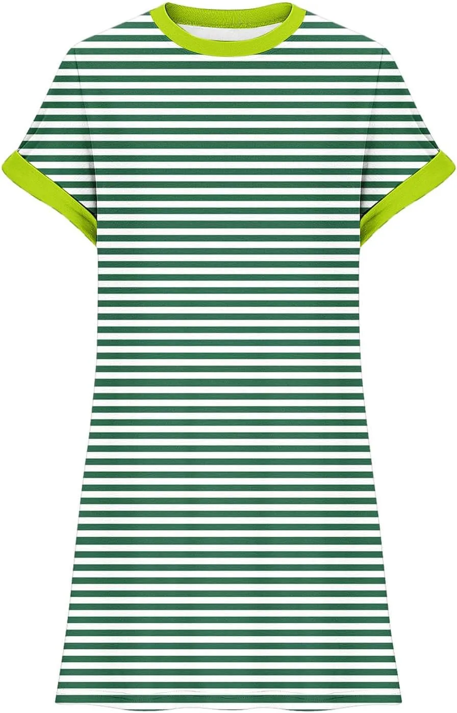 TANGNADE Womens Striped Summer Dresses Crewneck Cap Short Sleeve Midi Dress Casual A Line Tshirt Dress with Pockets