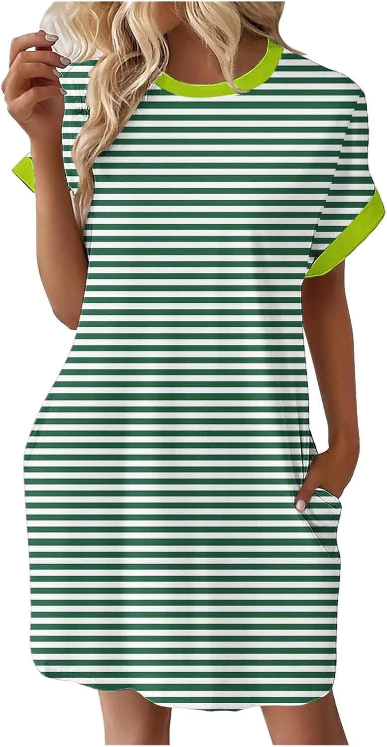 TANGNADE Womens Striped Summer Dresses Crewneck Cap Short Sleeve Midi Dress Casual A Line Tshirt Dress with Pockets