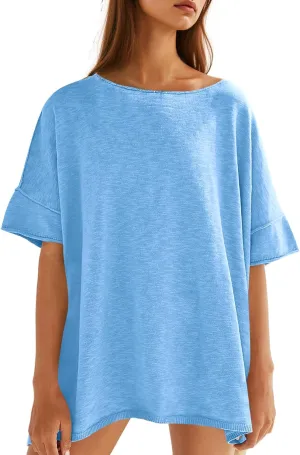 Tankaneo Women's Oversized T Shirts Casual Summer Crew Neck Loose Dropped Short Sleeve Side Slit Hem Blouse Tunic Tops