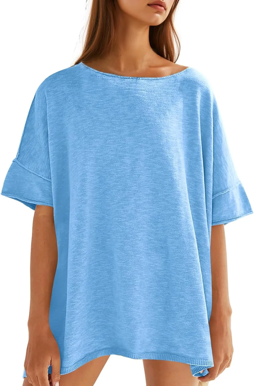 Tankaneo Women's Oversized T Shirts Casual Summer Crew Neck Loose Dropped Short Sleeve Side Slit Hem Blouse Tunic Tops