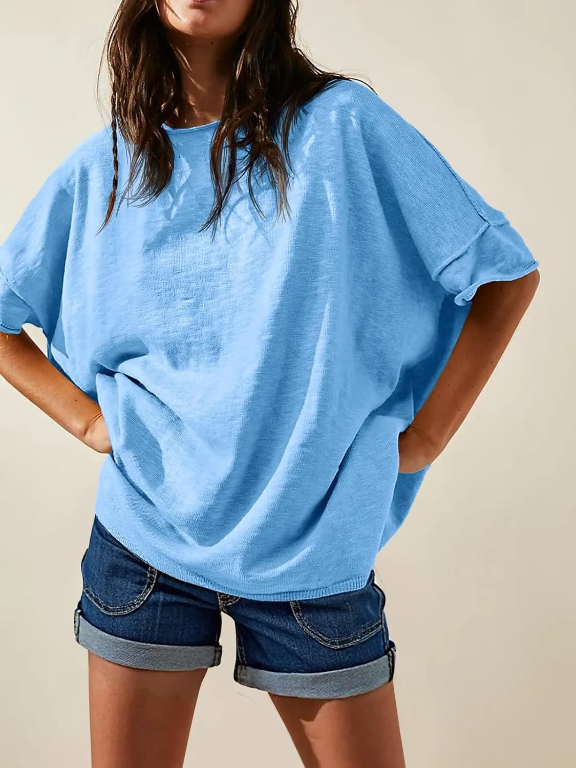 Tankaneo Women's Oversized T Shirts Casual Summer Crew Neck Loose Dropped Short Sleeve Side Slit Hem Blouse Tunic Tops