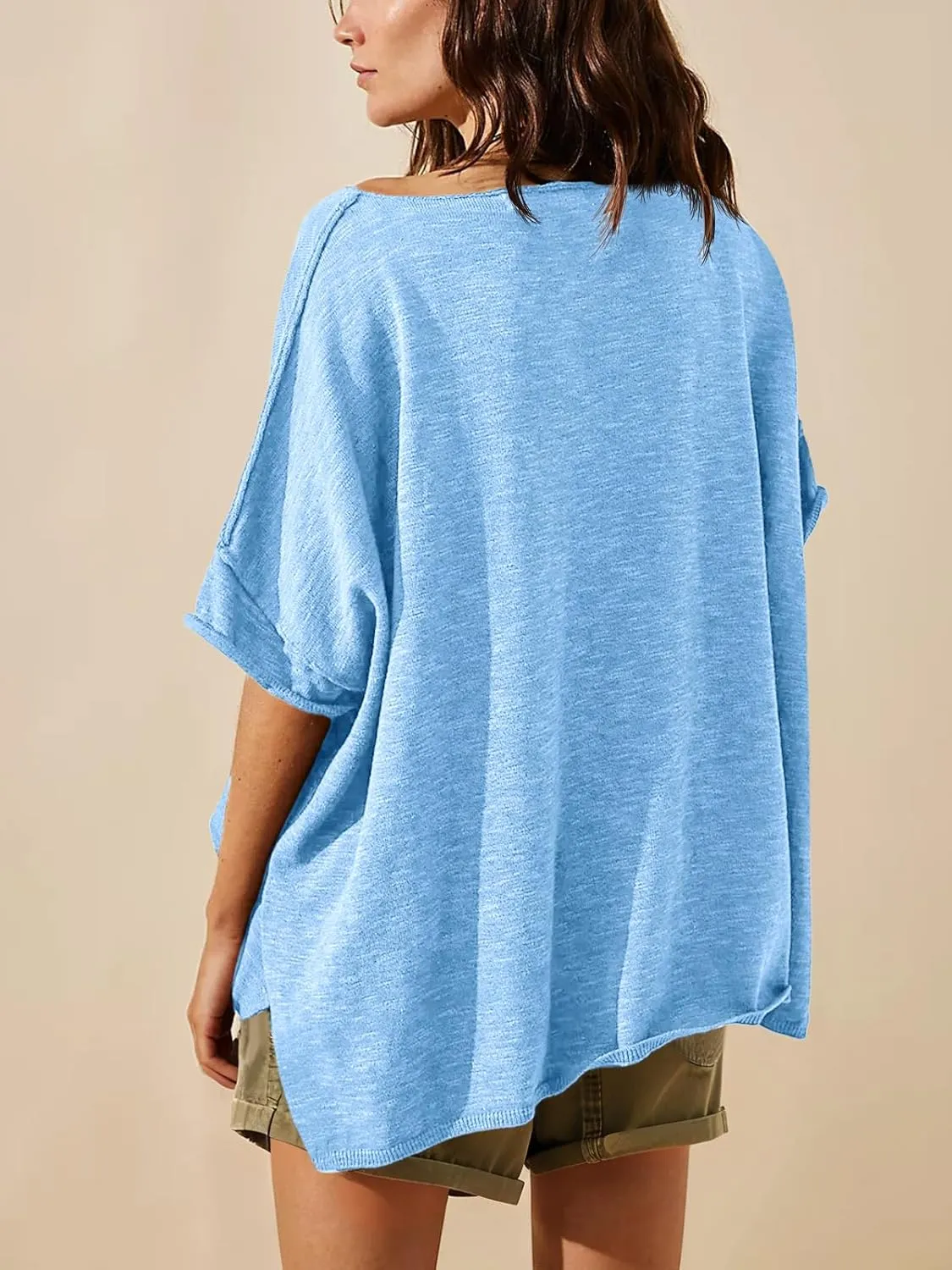 Tankaneo Women's Oversized T Shirts Casual Summer Crew Neck Loose Dropped Short Sleeve Side Slit Hem Blouse Tunic Tops