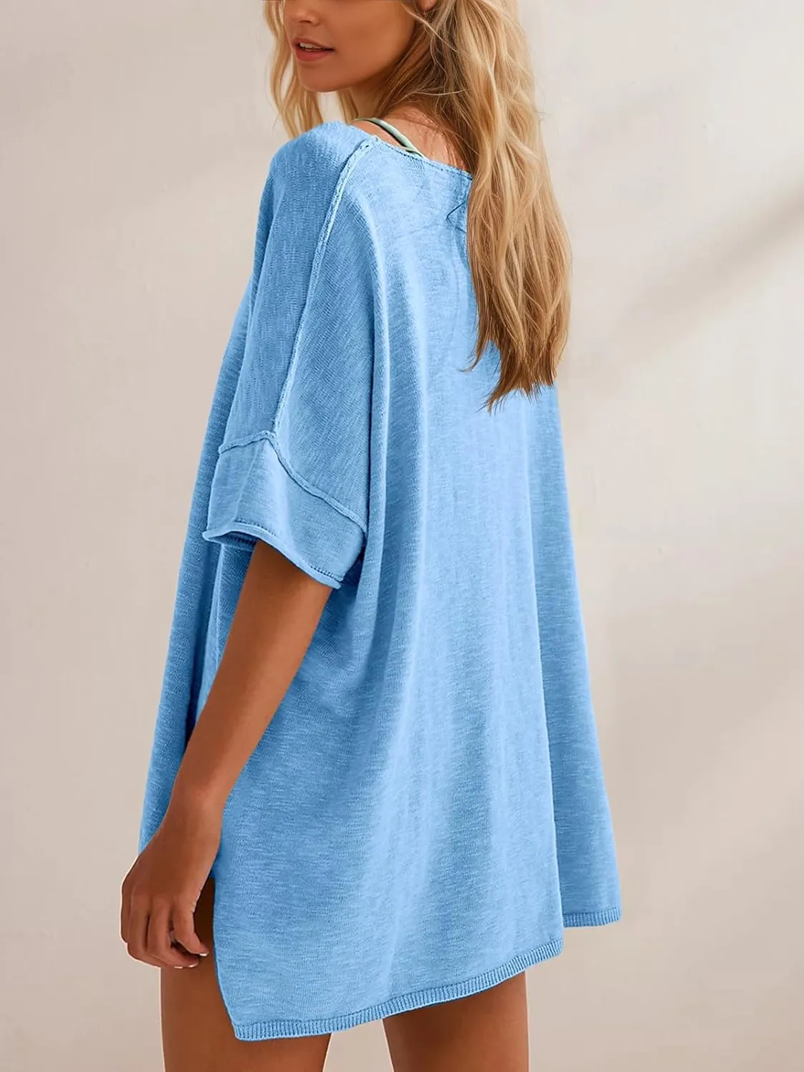 Tankaneo Women's Oversized T Shirts Casual Summer Crew Neck Loose Dropped Short Sleeve Side Slit Hem Blouse Tunic Tops