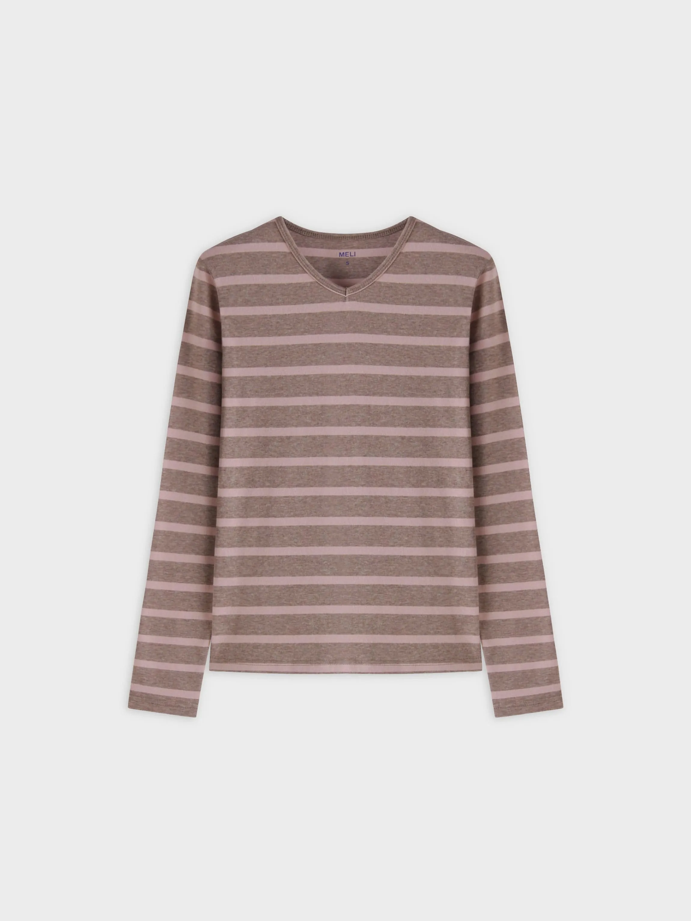 Thin Stripe High V Tee-Heathered Tan/Pink