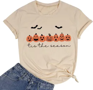 Tis The Season Halloween Tshirt Women Cute Pumpkin Graphic Tees Spooky Season Shirt Casual Short Sleeve Fall Tops