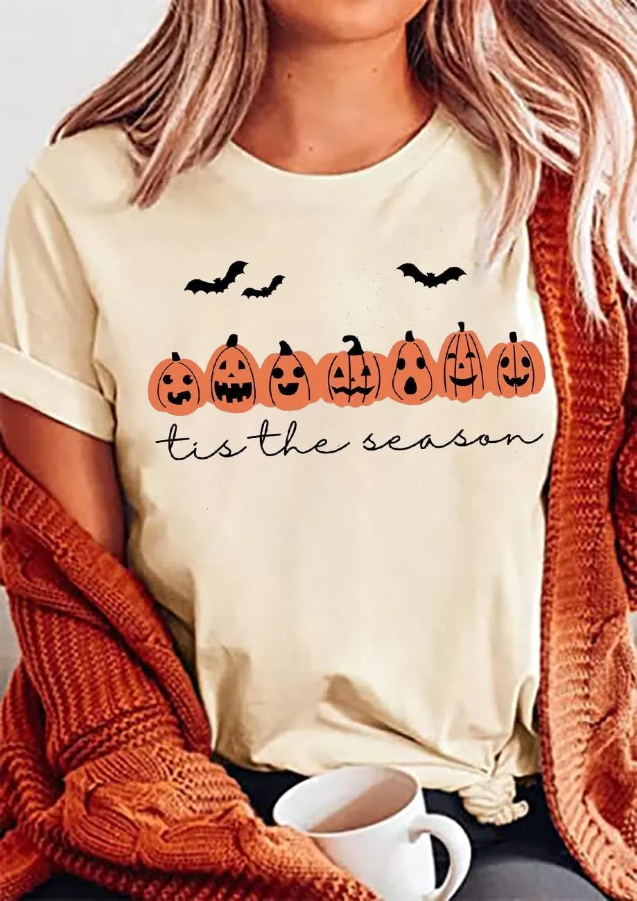 Tis The Season Halloween Tshirt Women Cute Pumpkin Graphic Tees Spooky Season Shirt Casual Short Sleeve Fall Tops