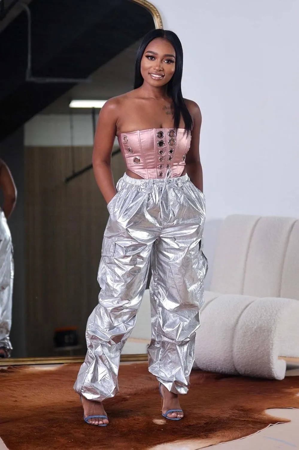 VOIKERDR Women's Jogger Pants Shiny Metallic High Waist Stretchy Trousers Wide Leg Parachute Pants