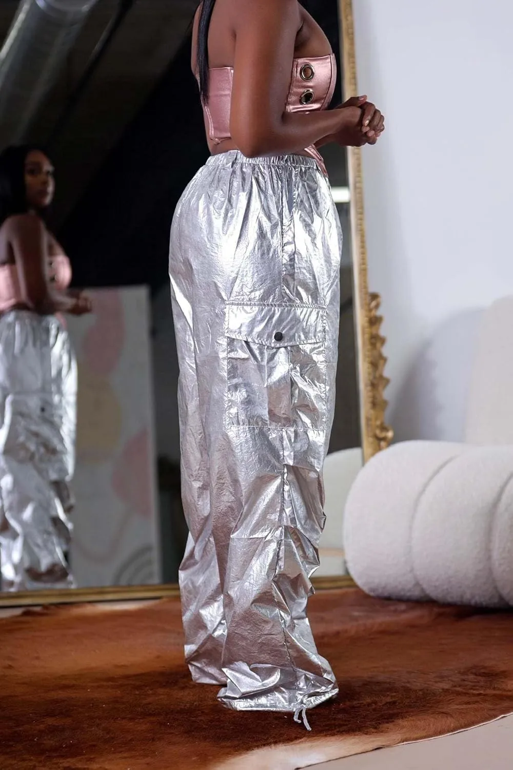VOIKERDR Women's Jogger Pants Shiny Metallic High Waist Stretchy Trousers Wide Leg Parachute Pants