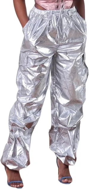 VOIKERDR Women's Jogger Pants Shiny Metallic High Waist Stretchy Trousers Wide Leg Parachute Pants