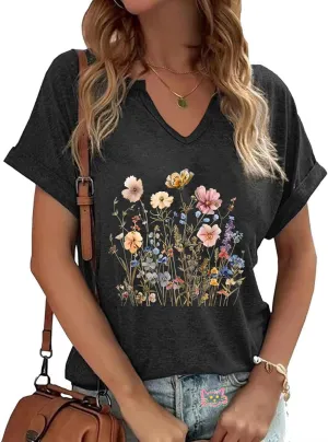 Wildflower V-Neck T-Shirt for Women Boho Floral Graphic Botanical Casual Spring Cottagecore Shortsleeve Top
