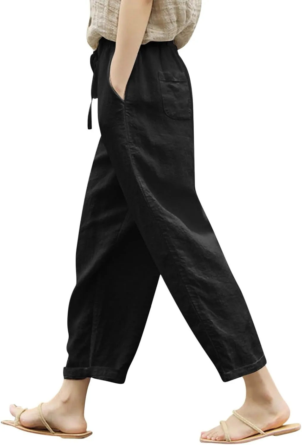 Women Cotton Linen Summer Casual Flowy Pant Trousers High Waist Baggy Stretchy Slim Fit Palazzo Lounge Pants