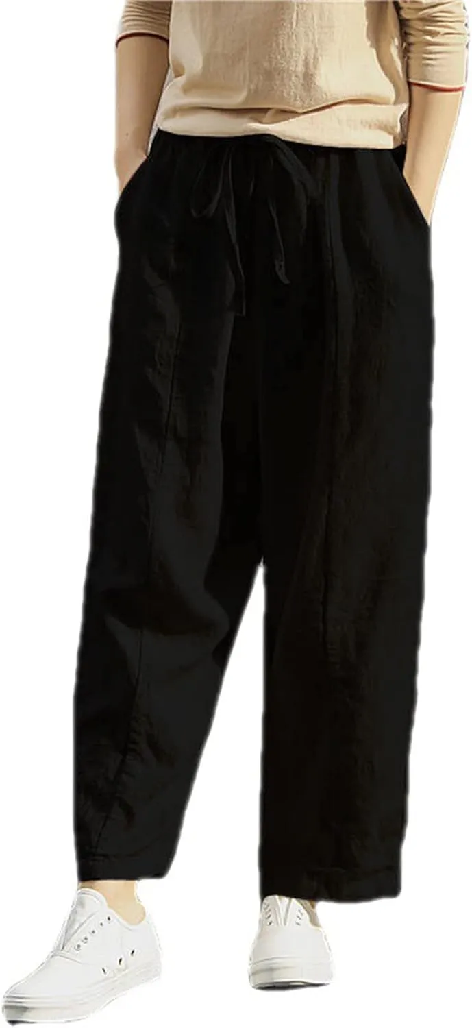 Women Cotton Linen Summer Casual Flowy Pant Trousers High Waist Baggy Stretchy Slim Fit Palazzo Lounge Pants