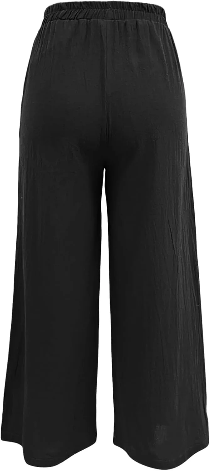 Women Cotton Linen Summer Flowy Pant Trousers Elastic Waisted Stretchy Straight Loose Fit Trousers Trendy