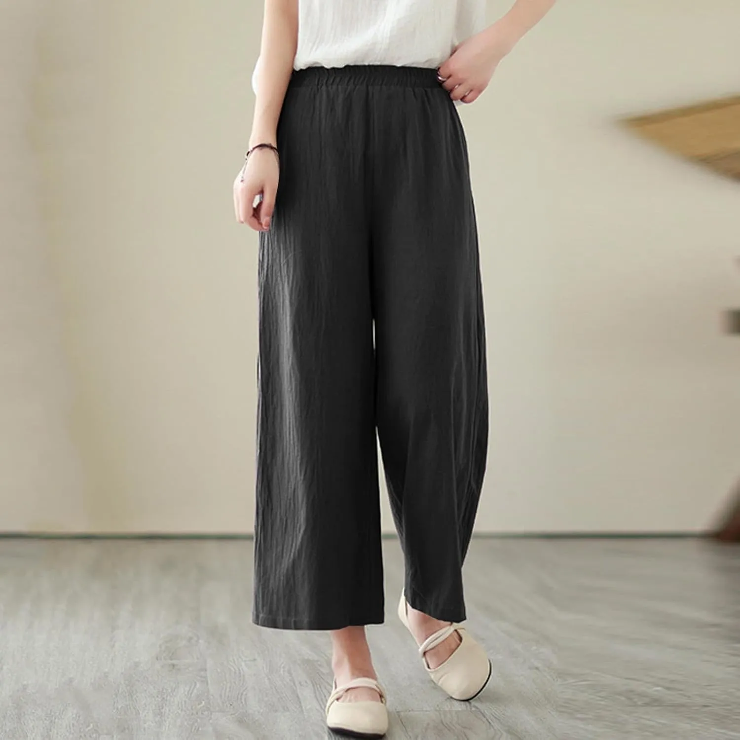 Women Cotton Linen Summer Flowy Pant Trousers Elastic Waisted Stretchy Straight Loose Fit Trousers Trendy