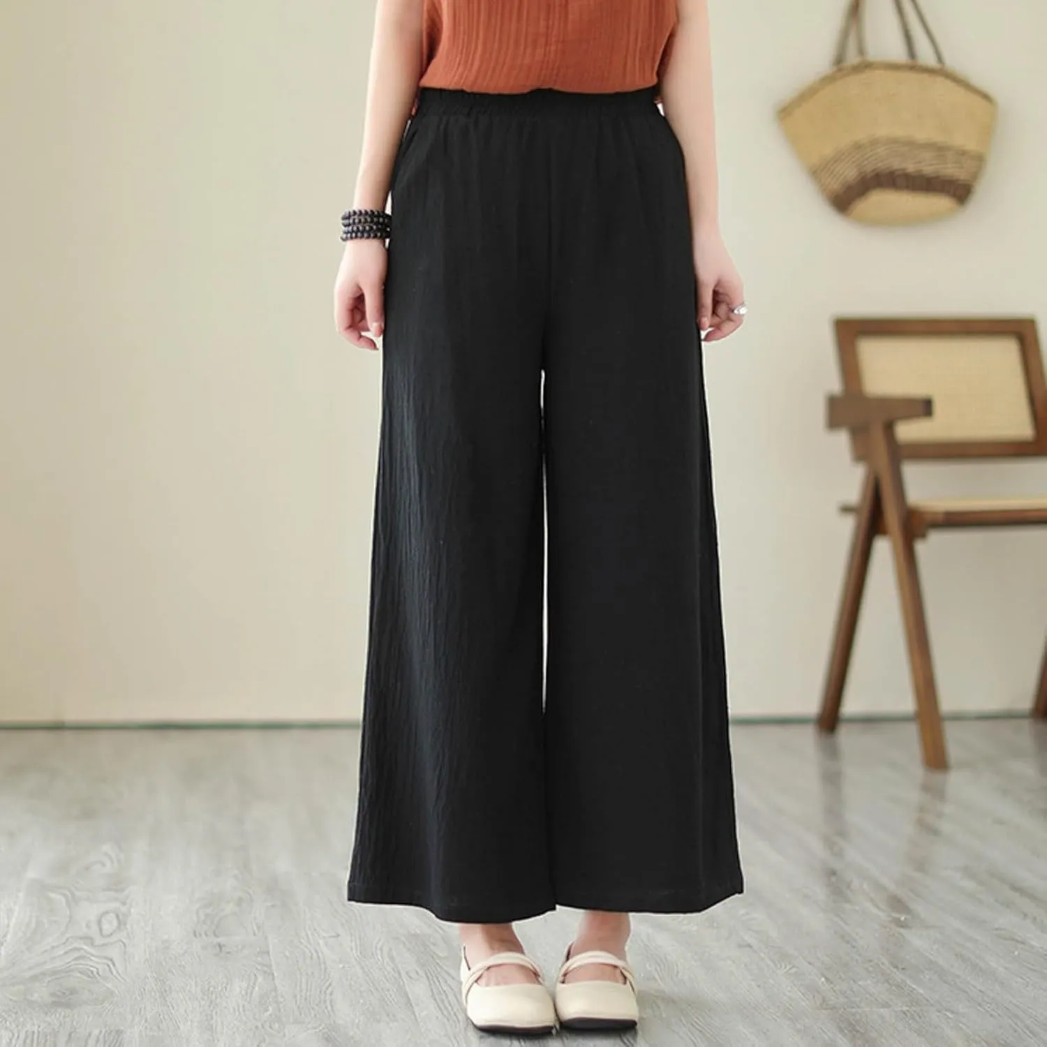 Women Cotton Linen Summer Flowy Pant Trousers Elastic Waisted Stretchy Straight Loose Fit Trousers Trendy