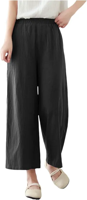 Women Cotton Linen Summer Flowy Pant Trousers Elastic Waisted Stretchy Straight Loose Fit Trousers Trendy