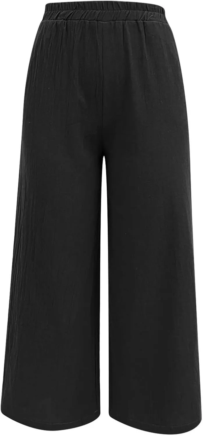 Women Cotton Linen Summer Flowy Pant Trousers Elastic Waisted Stretchy Straight Loose Fit Trousers Trendy