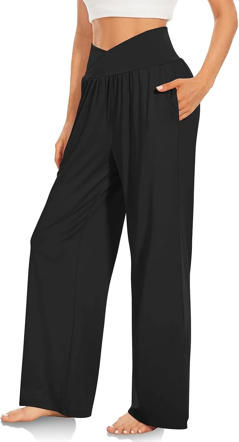 Women High Waist Straight Leg Pants Solid Color Crossed Trousers Casual Loose Sports Pant Slim Stretchy Yoga Pants