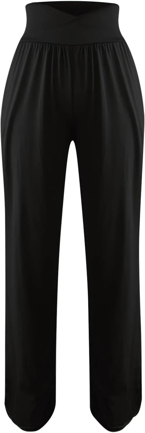 Women High Waist Straight Leg Pants Solid Color Crossed Trousers Casual Loose Sports Pant Slim Stretchy Yoga Pants