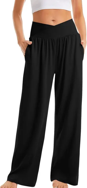 Women High Waist Straight Leg Pants Solid Color Crossed Trousers Casual Loose Sports Pant Slim Stretchy Yoga Pants
