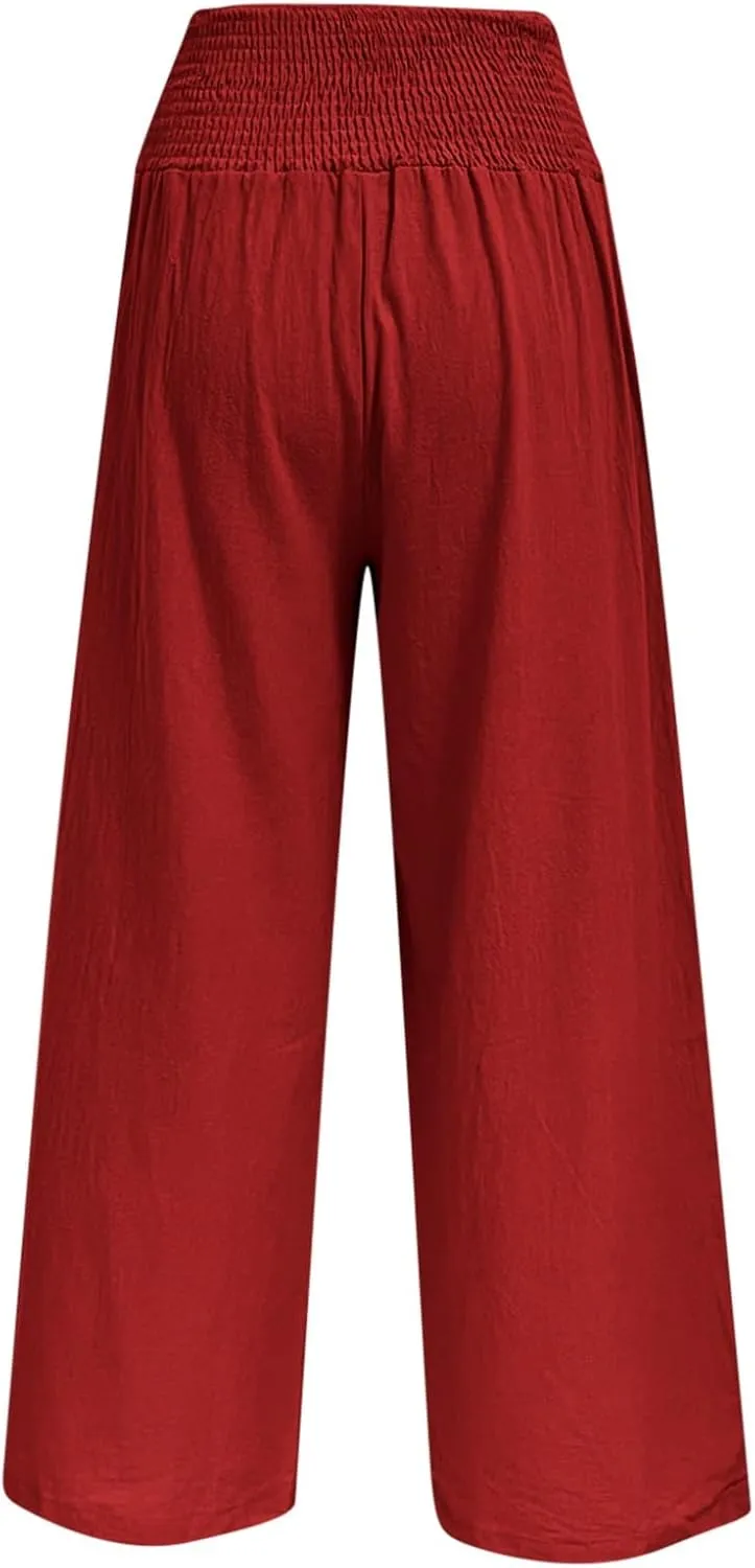 Women Linen Blend Summer Print Pant Trousers Low Waist Baggy Stretchy Slim-Fit Pant Trousers Office
