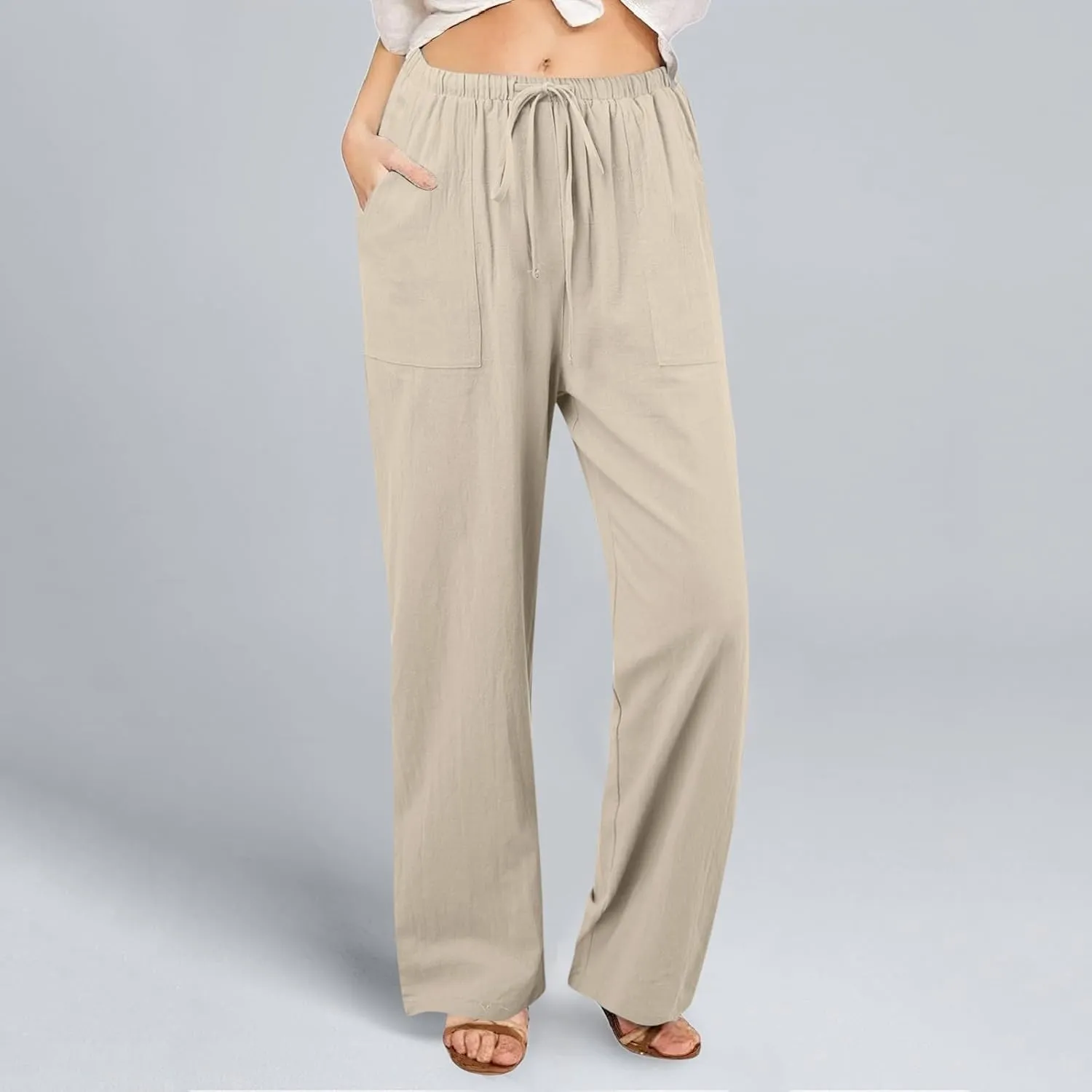 Women Linen Summer Cropped Pant Trousers High Waist Stretchy Straight Slim-Fit Trouser Business Work