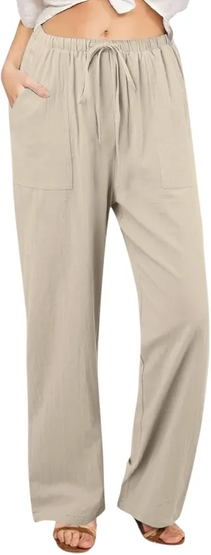 Women Linen Summer Cropped Pant Trousers High Waist Stretchy Straight Slim-Fit Trouser Business Work