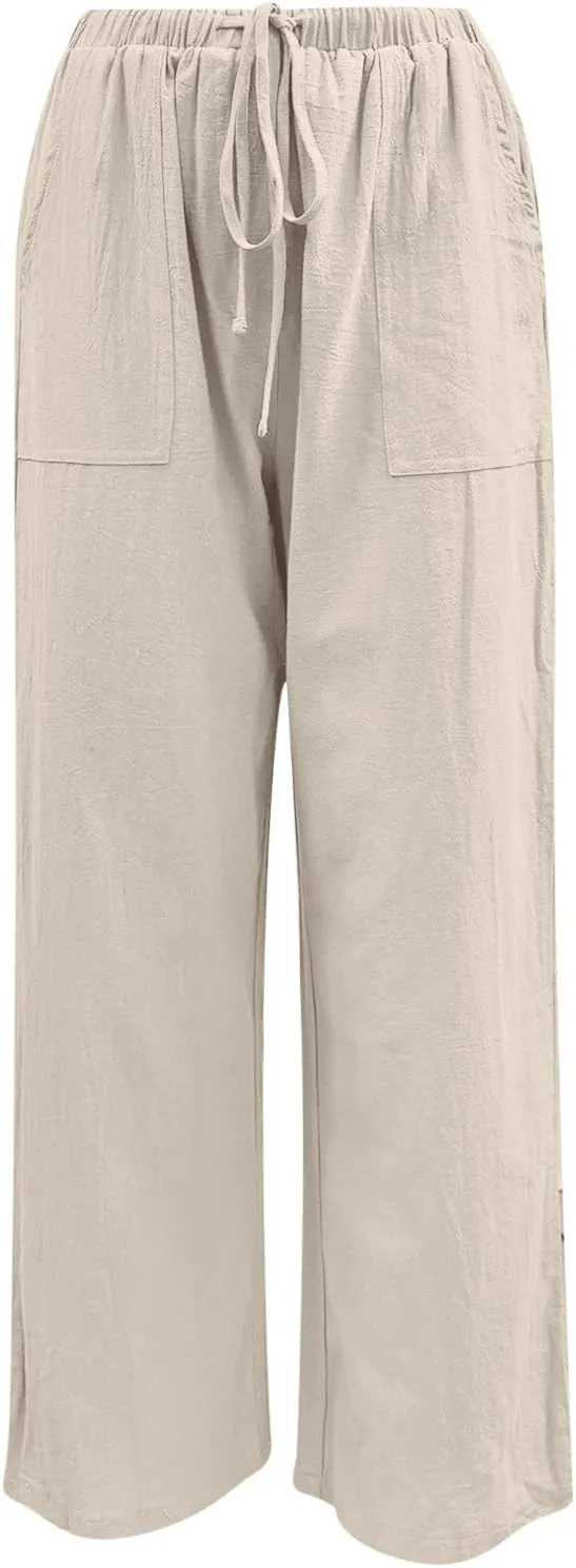 Women Linen Summer Cropped Pant Trousers High Waist Stretchy Straight Slim-Fit Trouser Business Work