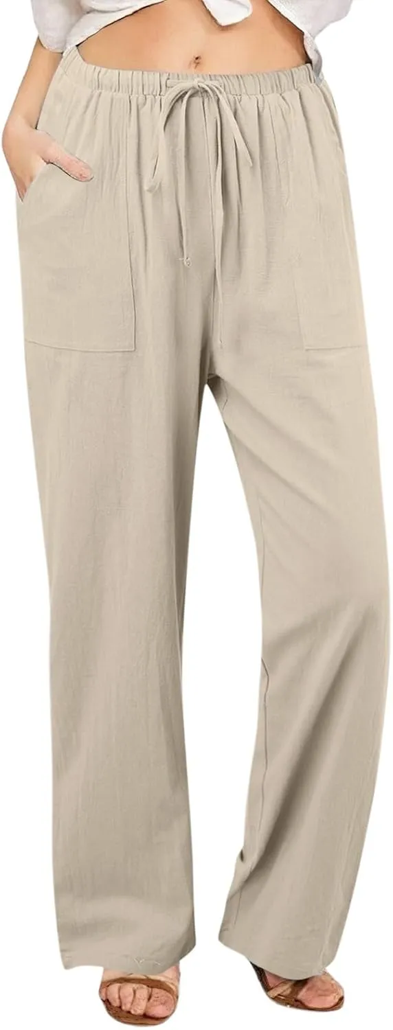 Women Linen Summer Cropped Pant Trousers High Waist Stretchy Straight Slim-Fit Trouser Business Work