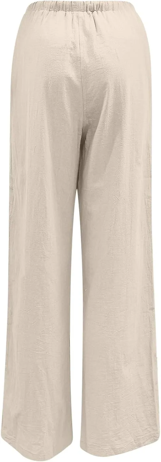 Women Linen Summer Cropped Pant Trousers High Waist Stretchy Straight Slim-Fit Trouser Business Work
