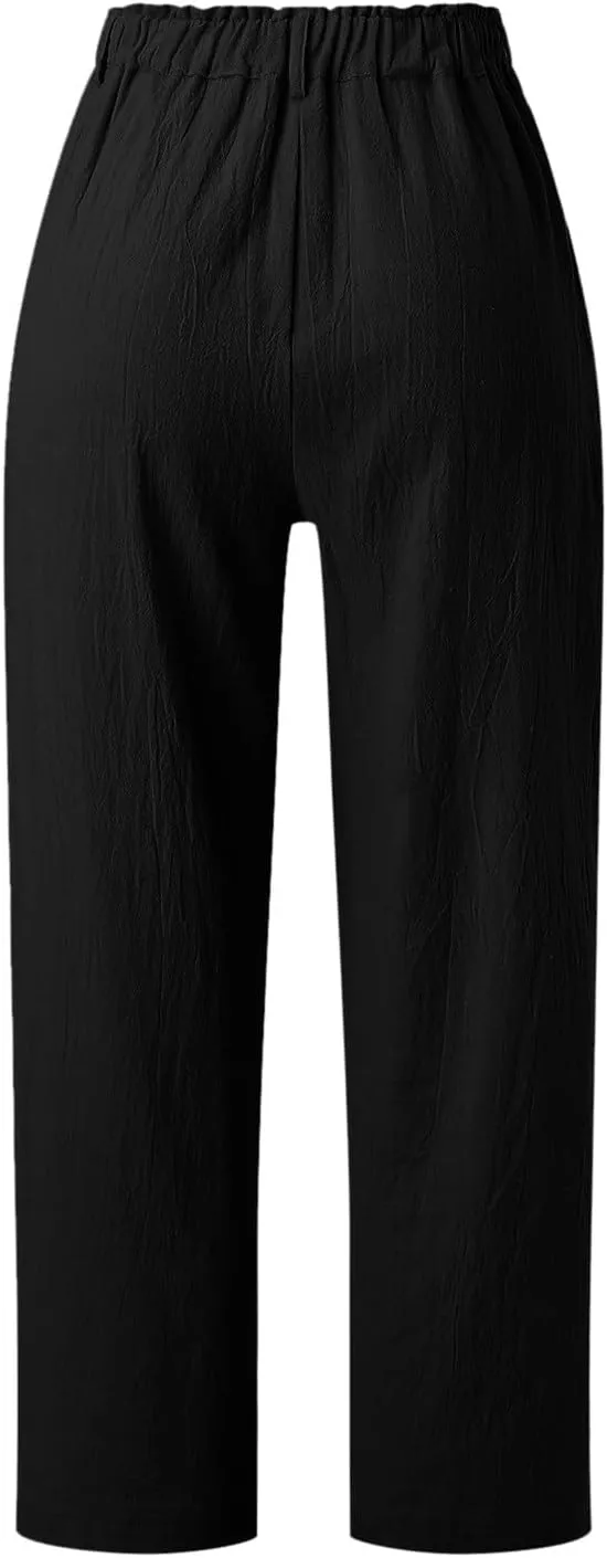 Women Linen Summer Drawstring Palazzo Lounge Pants High Waist Stretchy Slim Fit Trousers Work Business