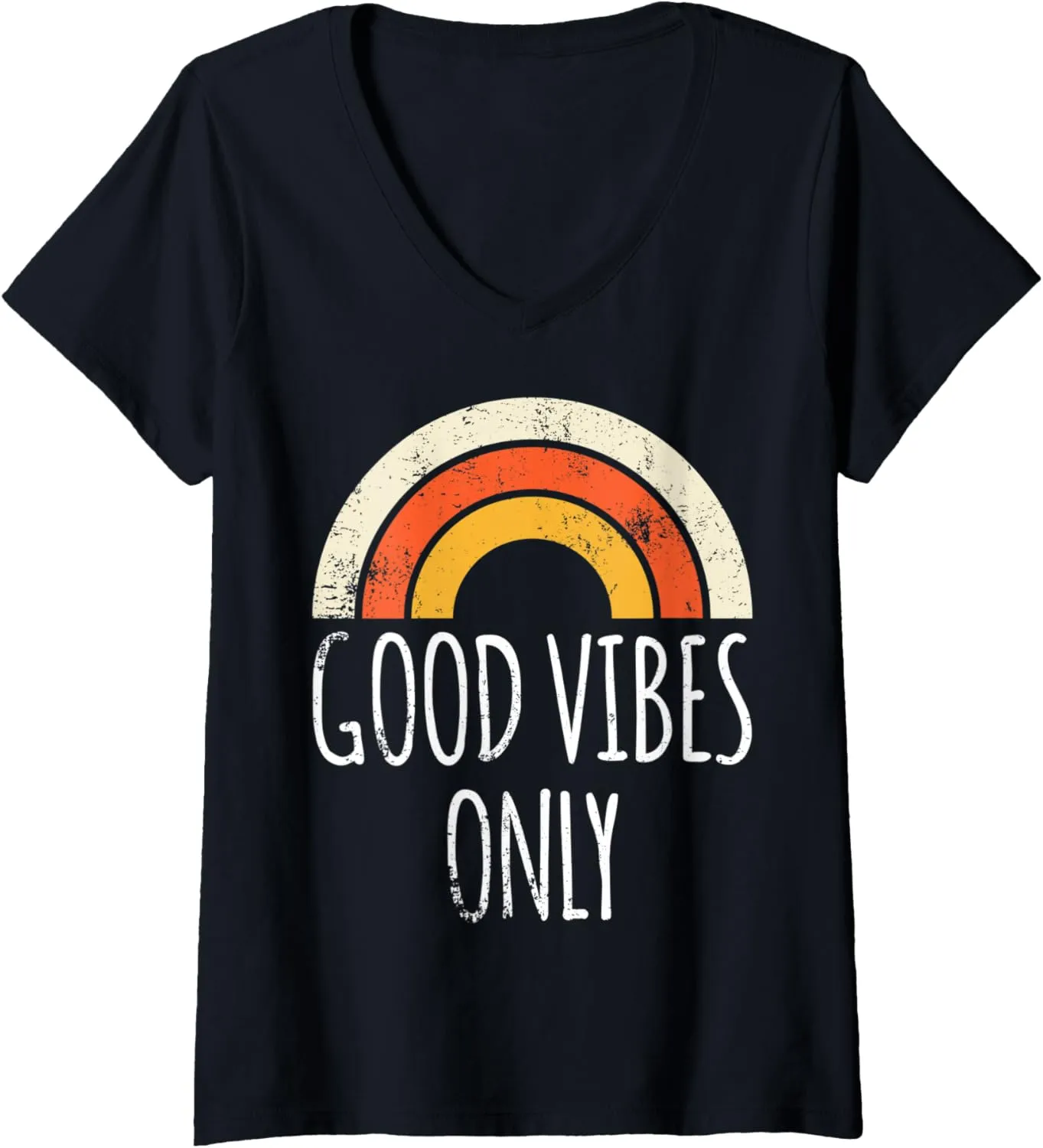 Womens Casual Graphic Tee Vintage Retro Good Vibes Only Rainbow V-Neck T-Shirt