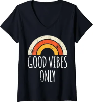 Womens Casual Graphic Tee Vintage Retro Good Vibes Only Rainbow V-Neck T-Shirt