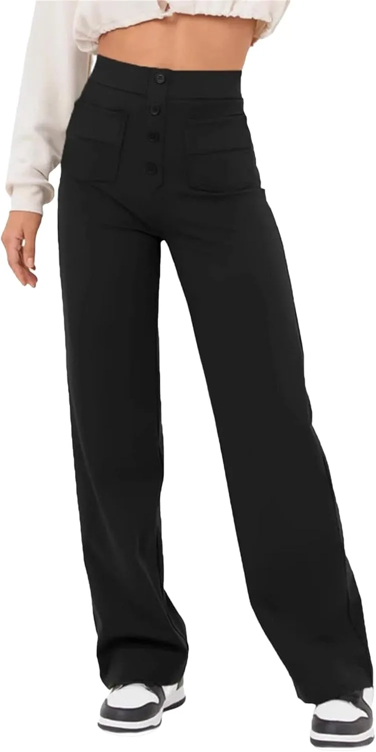 Womens Casual High Waist Straight Leg Pants Stretchy Button Business Dress Work Pocket Trousers