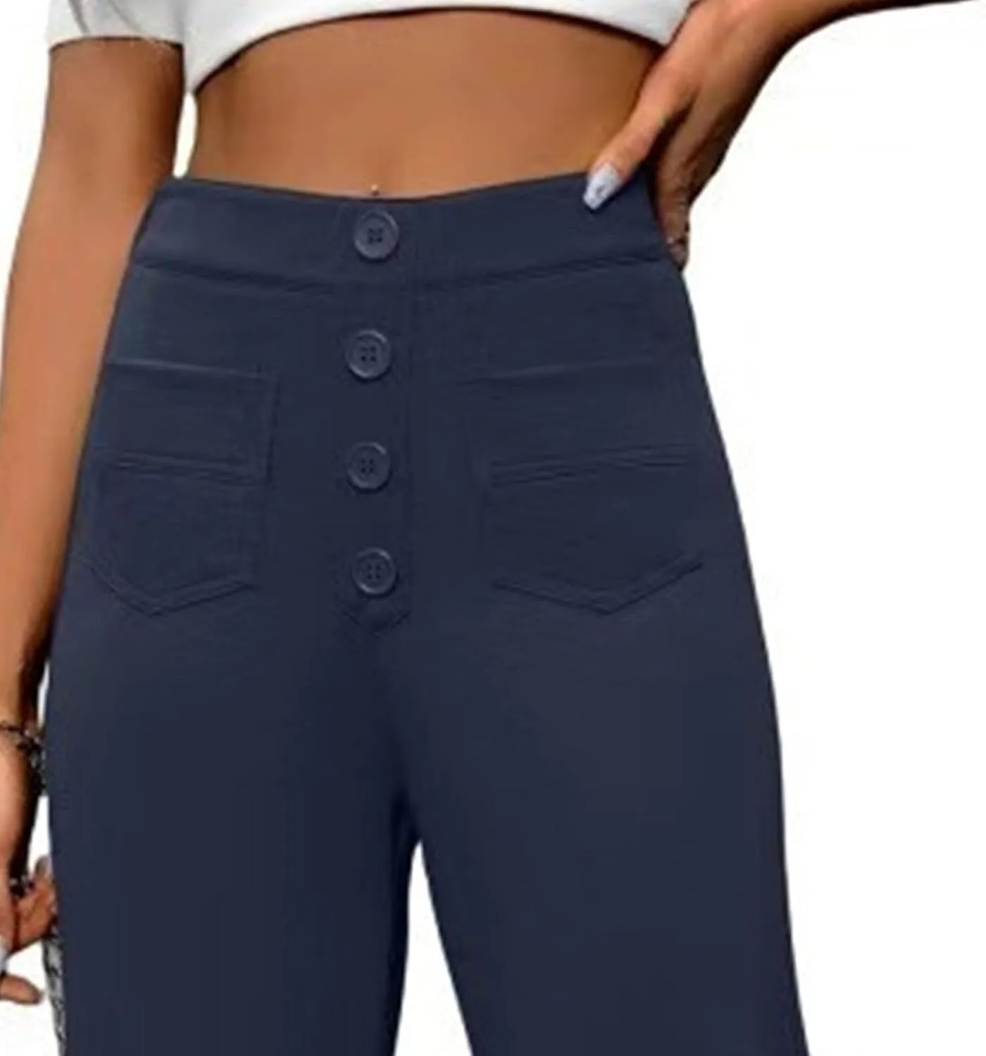 Womens Casual High Waist Straight Leg Pants Stretchy Button Business Dress Work Pocket Trousers