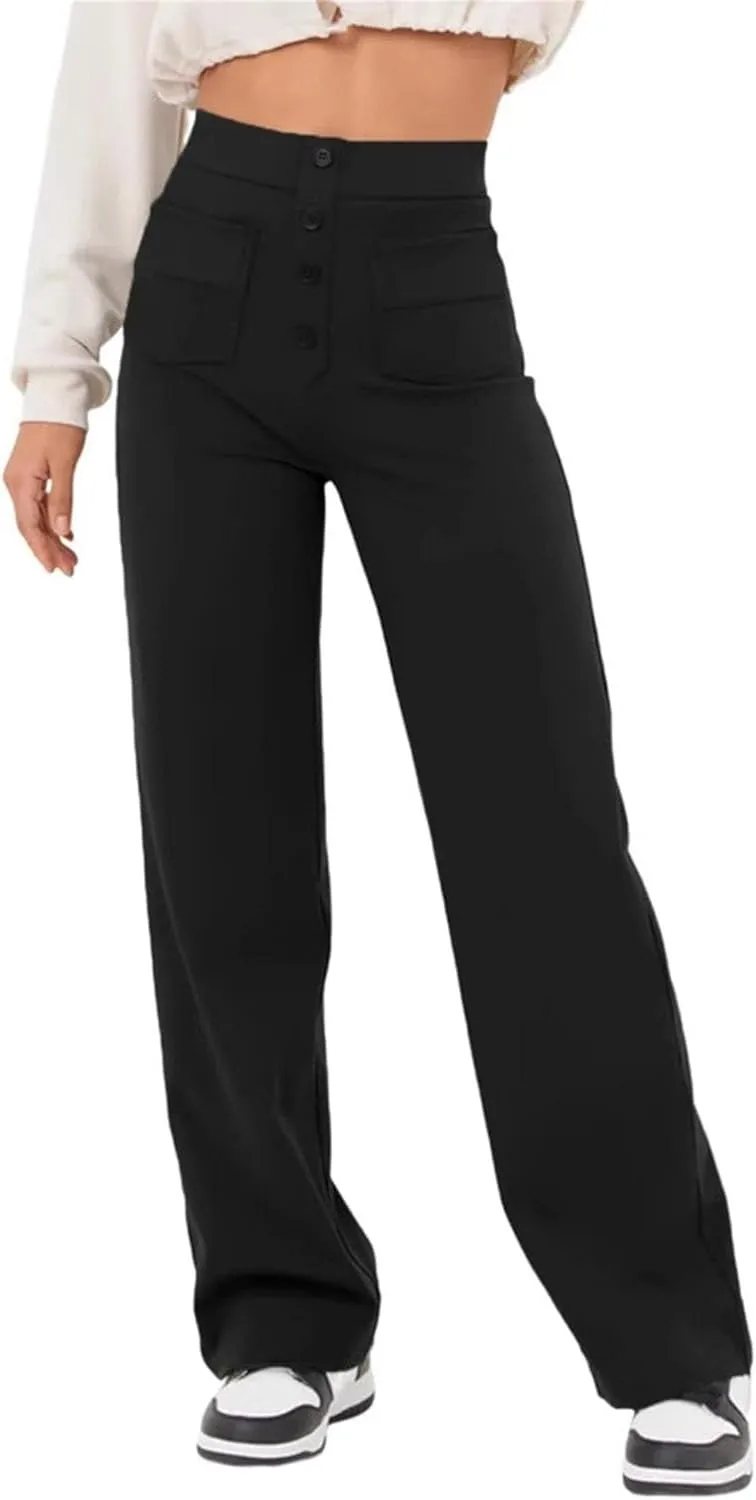 Womens Casual High Waist Straight Leg Pants Stretchy Button Business Dress Work Pocket Trousers