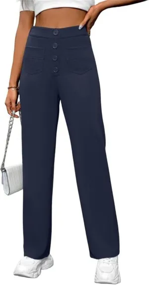 Womens Casual High Waist Straight Leg Pants Stretchy Button Business Dress Work Pocket Trousers