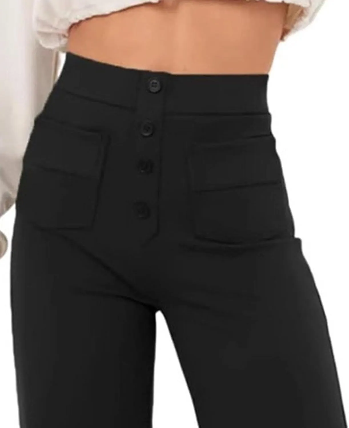 Womens Casual High Waist Straight Leg Pants Stretchy Button Business Dress Work Pocket Trousers