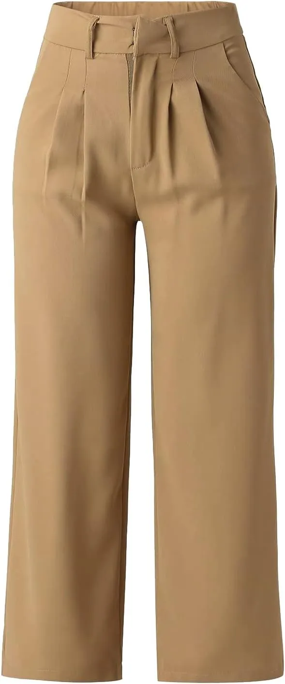Womens Casual High Waist Straight Wide Leg Dress Pants Plus Size Stretchy Button Business Work Trousers with Pocket