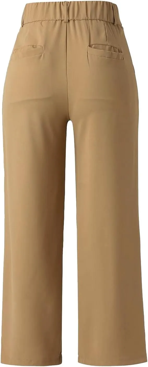 Womens Casual High Waist Straight Wide Leg Dress Pants Plus Size Stretchy Button Business Work Trousers with Pocket