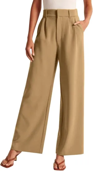 Womens Casual High Waist Straight Wide Leg Dress Pants Plus Size Stretchy Button Business Work Trousers with Pocket