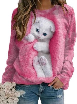 Women's Cat Print Long Sleeve Shirt Cute Casual Crewneck Pullover Top Lightweight Funny Graphic Tee