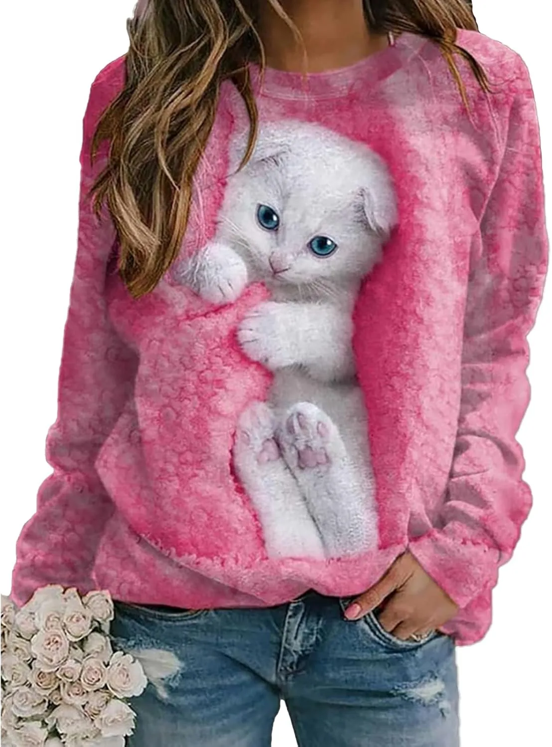 Women's Cat Print Long Sleeve Shirt Cute Casual Crewneck Pullover Top Lightweight Funny Graphic Tee